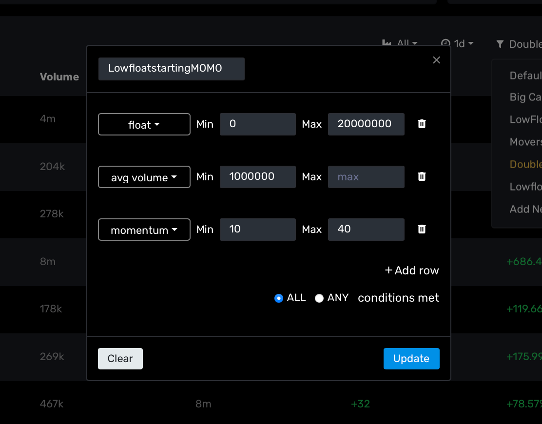 Low Float wth Initial Momentum Screen